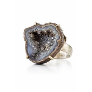 LG Natural Geode Druzy Ring 925 Sterling Silver Raw Agate Crystal Statement Sz 6